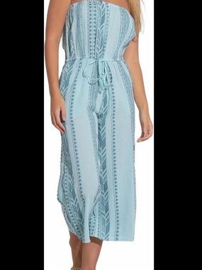 Elan Caro Strapless Jumper in a Aqua two-tone tribal pattern Wide-Leg Jumpsuit
